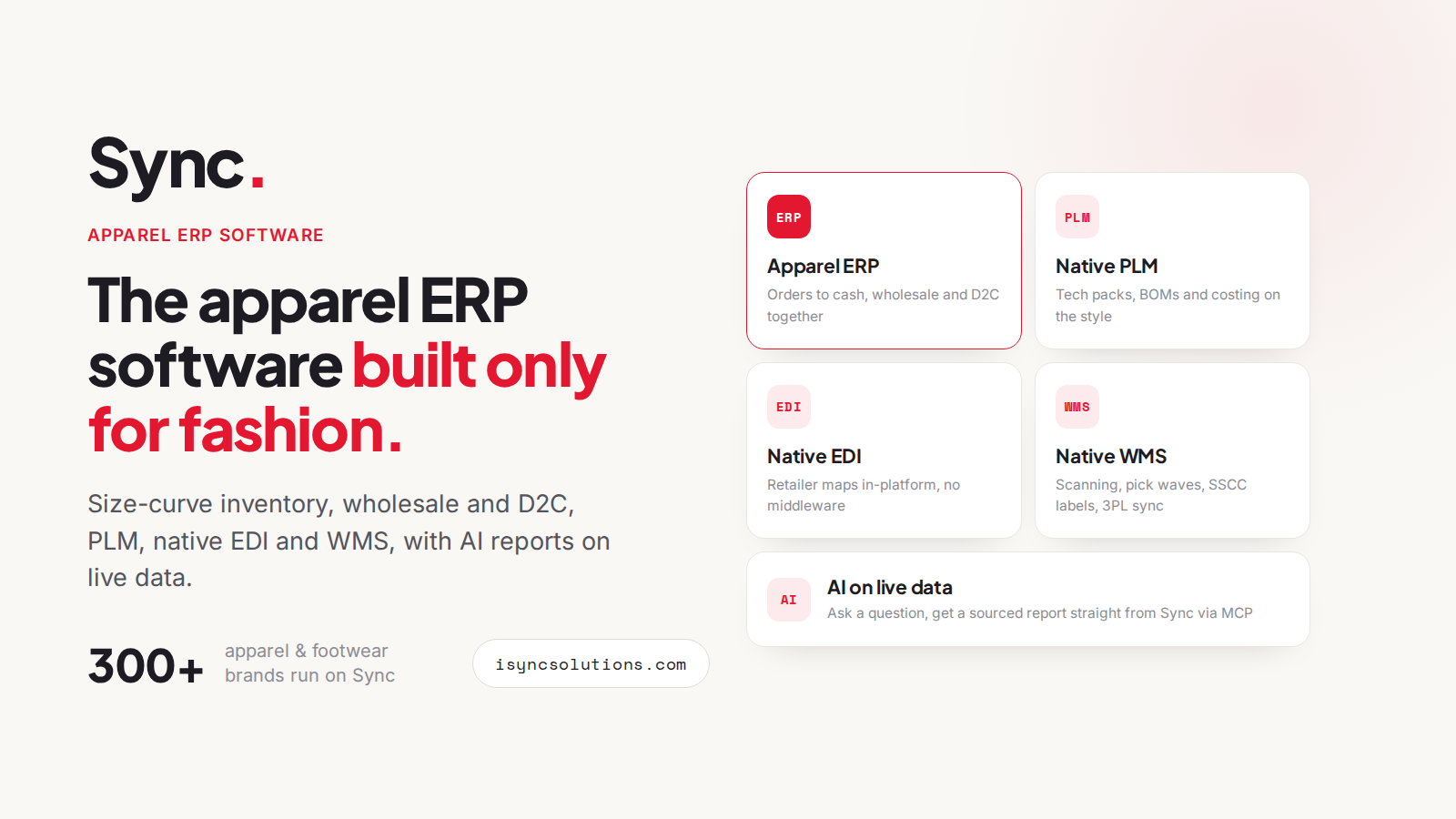 Sync apparel ERP software platform for apparel and footwear brands: ERP, PLM, EDI, WMS and AI modules