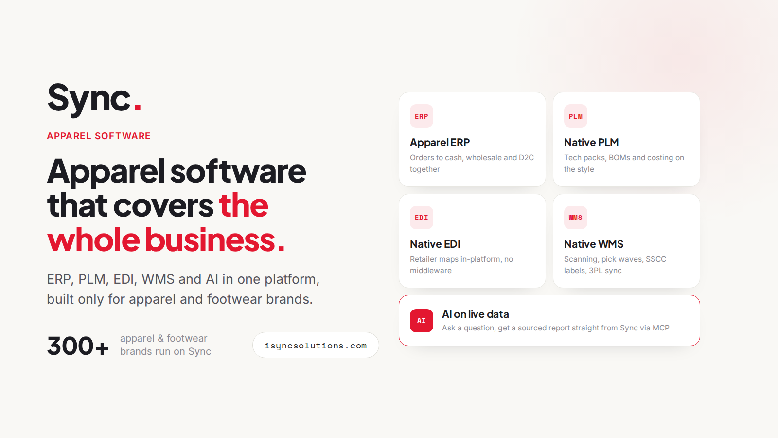 Sync apparel software platform covering ERP, PLM, EDI, WMS and AI for apparel and footwear brands